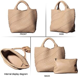 Vegan Leather Woven Bag with Purse for Women, Fashion Handmade Beach Tote Bag Top-handle Handbag (Apricot)