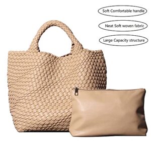 Vegan Leather Woven Bag with Purse for Women, Fashion Handmade Beach Tote Bag Top-handle Handbag (Apricot)