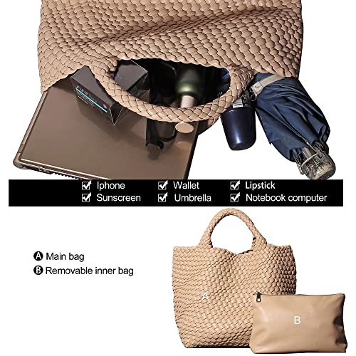 Vegan Leather Woven Bag with Purse for Women, Fashion Handmade Beach Tote Bag Top-handle Handbag (Apricot)