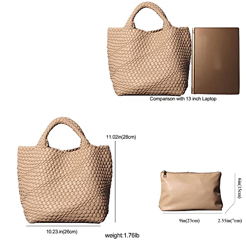 Vegan Leather Woven Bag with Purse for Women, Fashion Handmade Beach Tote Bag Top-handle Handbag (Apricot)