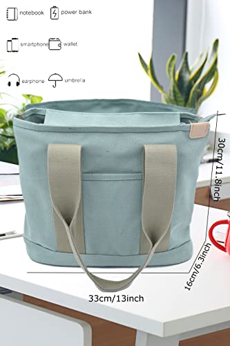 Green Canvas Tote Bag Casual Multi pockets Handbags Large Capacity Shopping Shoulder Bag with Pocket Bags Work Purses Travel Satchel