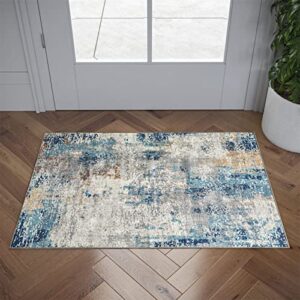 roomtalks ultra thin non-slip modern abstract 2×3 small area rug in blue/yellow, machine washable stain resistant boho throw rugs for kitchen bathroom entryway indoor porch doormat no-pile pets rug