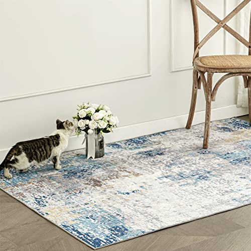 RoomTalks Ultra Thin Non-Slip Modern Abstract 2x3 Small Area Rug in Blue/Yellow, Machine Washable Stain Resistant Boho Throw Rugs for Kitchen Bathroom Entryway Indoor Porch Doormat No-Pile Pets Rug