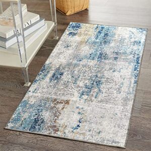 RoomTalks Ultra Thin Non-Slip Modern Abstract 2x3 Small Area Rug in Blue/Yellow, Machine Washable Stain Resistant Boho Throw Rugs for Kitchen Bathroom Entryway Indoor Porch Doormat No-Pile Pets Rug