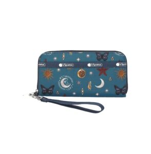 lesportsac celestial shimmer tech wallet wristlet, zip around wallet/detachable wristlet strap, holds cell phone, style 3462/color e467, whimsical cosmic graphics: stars, planets, moons & butterflies