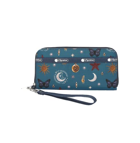 LeSportsac Celestial Shimmer Tech Wallet Wristlet, Zip Around Wallet/Detachable Wristlet Strap, Holds Cell Phone, Style 3462/Color E467, Whimsical Cosmic Graphics: Stars, Planets, Moons & Butterflies