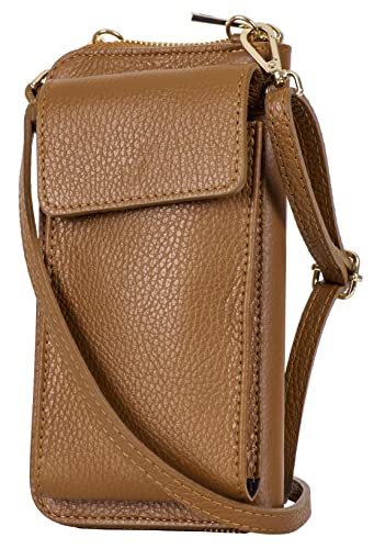 PRIMO SACCHI Womens Cell Phone & Wallet Crossbody Purse Dark Tan Italian Leather