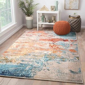 roomtalks ultra thin bright colorful modern abstract area rugs 3×5 non-slip tpr backed, orange turquoise kitchen bathroom rugs indoor entryway bedroom dorm throw carpet machine washable