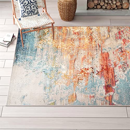 RoomTalks Ultra Thin Bright Colorful Modern Abstract Area Rugs 3x5 Non-Slip TPR Backed, Orange Turquoise Kitchen Bathroom Rugs Indoor Entryway Bedroom Dorm Throw Carpet Machine Washable