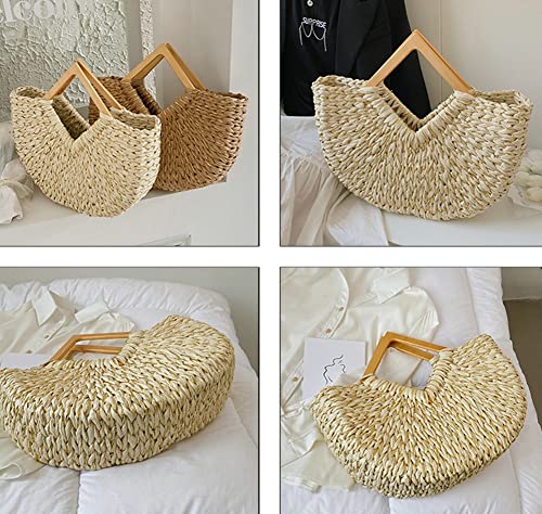 Tellrain Straw Bags for Women Semi Round Large Tote Purse Casual Summer Vocation Straw Handbag Woven Tote