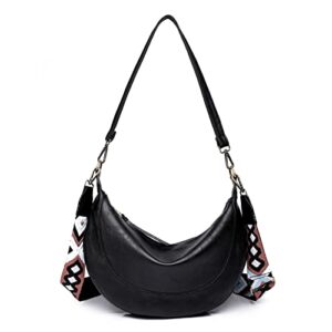 qyoubi women’s soft pu leather shoulder bag ladies crossbody purse handbags detachable strap hobo bag black