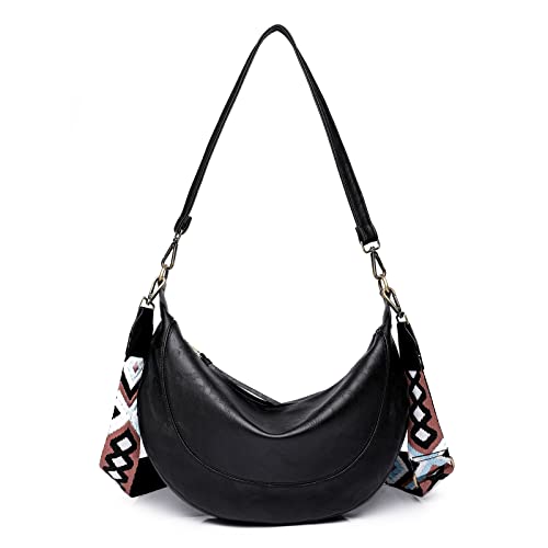 Qyoubi Women's Soft PU Leather Shoulder Bag Ladies Crossbody Purse Handbags Detachable Strap Hobo Bag Black