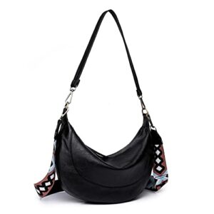 Qyoubi Women's Soft PU Leather Shoulder Bag Ladies Crossbody Purse Handbags Detachable Strap Hobo Bag Black