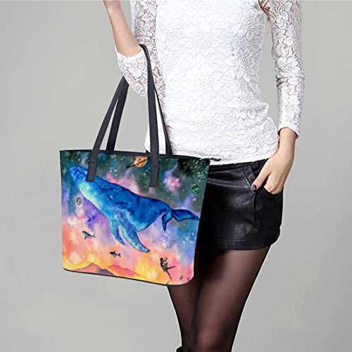 Womens Handbag Watercolor Whale Blue Leather Tote Bag Top Handle Satchel Bags For Lady