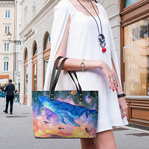 Womens Handbag Watercolor Whale Blue Leather Tote Bag Top Handle Satchel Bags For Lady