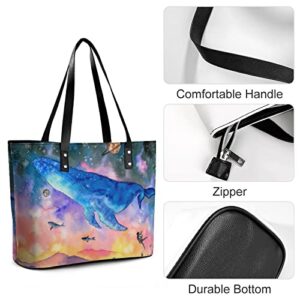 Womens Handbag Watercolor Whale Blue Leather Tote Bag Top Handle Satchel Bags For Lady