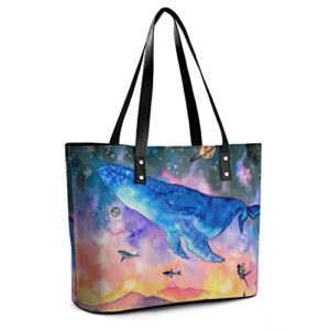 Womens Handbag Watercolor Whale Blue Leather Tote Bag Top Handle Satchel Bags For Lady