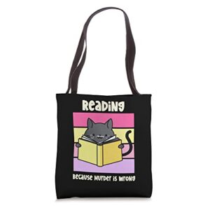 ‘reading because murder is wrong’ funny cat reading book tote bag
