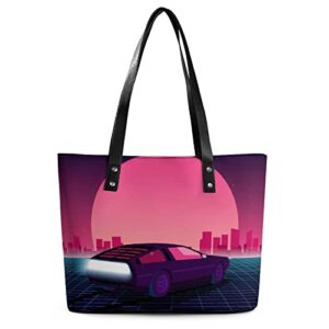 womens handbag sunset and cars leather tote bag top handle satchel bags for lady