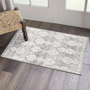 roomtalks flat weave non-slip vintage distressed 2×3 small area rug for kitchen bedroom entryway porch indoor doormat, ultra thin dark gray boho farmhouse accent throw rugs floor carpet mat