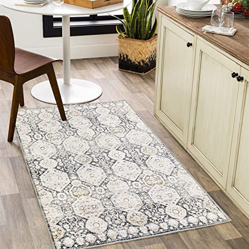 RoomTalks Flat Weave Non-Slip Vintage Distressed 2x3 Small Area Rug for Kitchen Bedroom Entryway Porch Indoor Doormat, Ultra Thin Dark Gray Boho Farmhouse Accent Throw Rugs Floor Carpet Mat