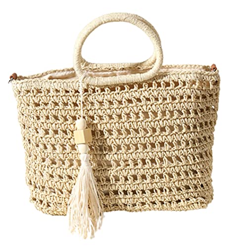 Straw Woven Handbag for Women Lightweight Casual Straw Crossbody Bag Purse Handmade Straw Tote with Tassel