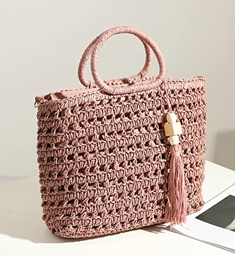 Straw Woven Handbag for Women Lightweight Casual Straw Crossbody Bag Purse Handmade Straw Tote with Tassel