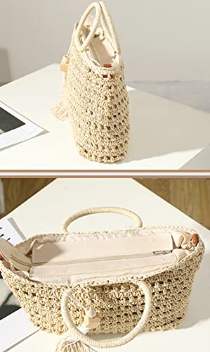 Straw Woven Handbag for Women Lightweight Casual Straw Crossbody Bag Purse Handmade Straw Tote with Tassel