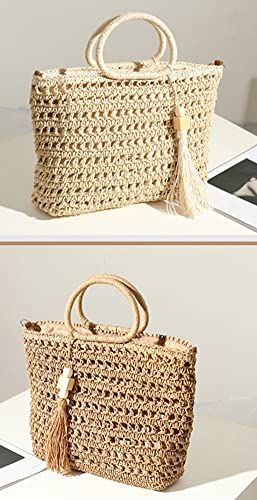 Straw Woven Handbag for Women Lightweight Casual Straw Crossbody Bag Purse Handmade Straw Tote with Tassel