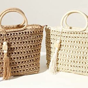 Straw Woven Handbag for Women Lightweight Casual Straw Crossbody Bag Purse Handmade Straw Tote with Tassel