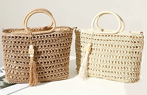 Straw Woven Handbag for Women Lightweight Casual Straw Crossbody Bag Purse Handmade Straw Tote with Tassel