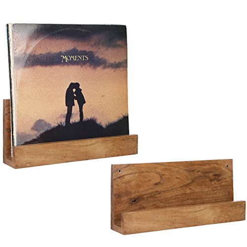 MyGift Wall Mounted Premium Natural Acacia Wood Vinyl Record Album Storage Racks, LP Record Holder Decorative Display Shelves, Set of 2 - Made in India