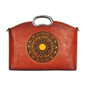 genuine leather purses and handbags for women fashion ladies top handle satchel vintage embossing totem shoulder crossbody bag (brown)