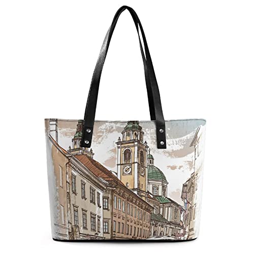 Womens Handbag Postcard Street Leather Tote Bag Top Handle Satchel Bags For Lady