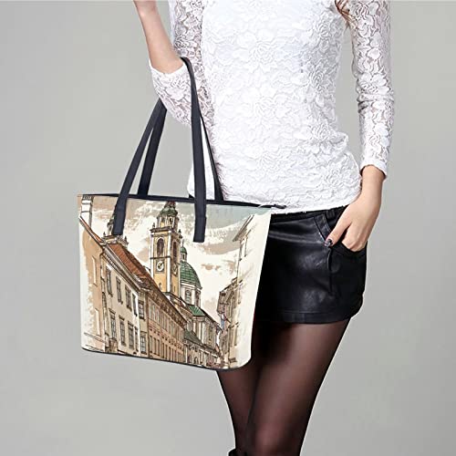 Womens Handbag Postcard Street Leather Tote Bag Top Handle Satchel Bags For Lady