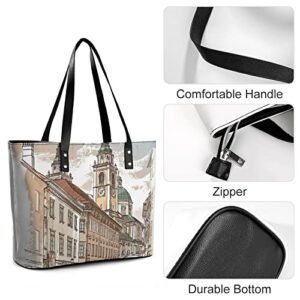 Womens Handbag Postcard Street Leather Tote Bag Top Handle Satchel Bags For Lady