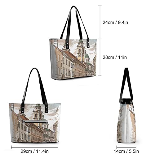 Womens Handbag Postcard Street Leather Tote Bag Top Handle Satchel Bags For Lady