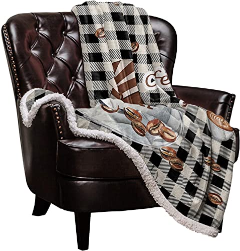 Sherpa Fleece Throw Blanket,Coffee Gnome Black Checker Retro Linen Soft Reversible Flannel Throws for Couch Sofa Bed,Dwarf Espresso Warm Cozy Blankets for Travel,Camping,Home Decor 40x50In