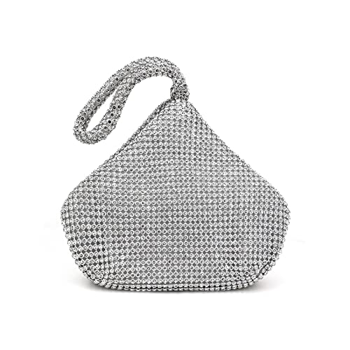 JAMBHALA Women Evening Clutch Bag Small Triangle Rhinestone Bling Wrist Purses for Party Wedding (Silver)