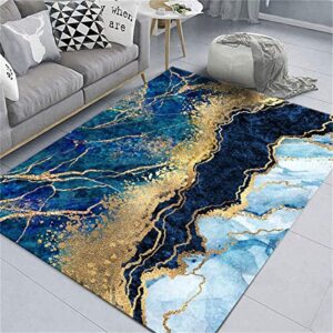 teounai modern light luxury blue and gold area rugs, abstract marble smudged decorative rugs, non-slip rugs foldable fashion does not hurt the floor very for living room bedroom dining room 5 x 8ft