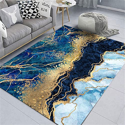 Teounai Modern Light Luxury Blue and Gold Area Rugs, Abstract Marble Smudged Decorative Rugs, Non-Slip Rugs Foldable Fashion Does Not Hurt The Floor Very for Living Room Bedroom Dining Room 5 x 8ft