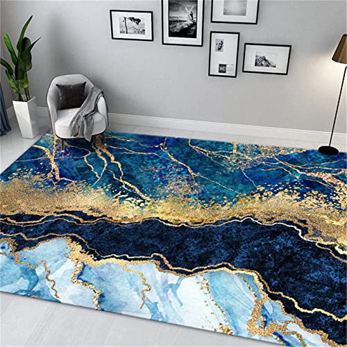 Teounai Modern Light Luxury Blue and Gold Area Rugs, Abstract Marble Smudged Decorative Rugs, Non-Slip Rugs Foldable Fashion Does Not Hurt The Floor Very for Living Room Bedroom Dining Room 5 x 8ft