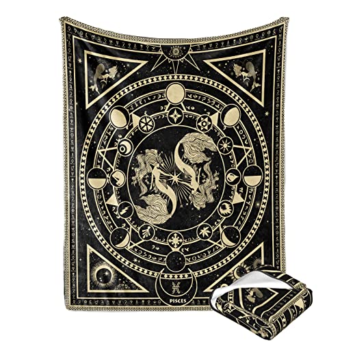 Pisces Zodiac Blanket, Pisces Zodiac Gifts for Women Moon Constellation Throw Blanket Astrology Decor Witchy Pisces Birthday Gifts Gothic Soft Microfiber Blanket 60"X50"