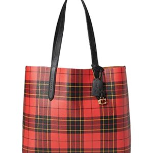 COACH Box Program Plaid Print Highline Tote Red Multi One Size