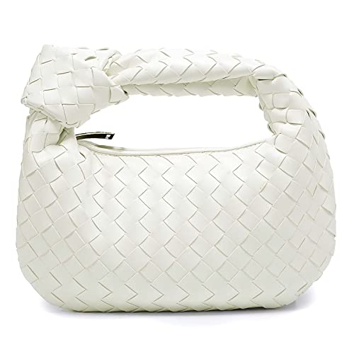 Woven Handbag,Women Shoulder Bag Hobo Handbag Leather Soft Shoulder Bag Woven Clutch Bag Knotted Casual Dumpling Pouch White