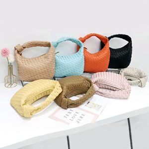 Woven Handbag,Women Shoulder Bag Hobo Handbag Leather Soft Shoulder Bag Woven Clutch Bag Knotted Casual Dumpling Pouch White