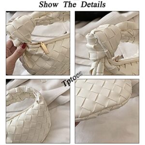 Woven Handbag,Women Shoulder Bag Hobo Handbag Leather Soft Shoulder Bag Woven Clutch Bag Knotted Casual Dumpling Pouch White