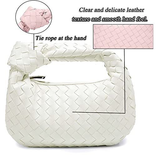 Woven Handbag,Women Shoulder Bag Hobo Handbag Leather Soft Shoulder Bag Woven Clutch Bag Knotted Casual Dumpling Pouch White