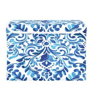 vnurnrn collapsible storage bins with lids, hand drawn blue floral foldable storage boxes, storage box cube with lid for clothes,bedroom,toys,16.5×12.6×11.8 inch