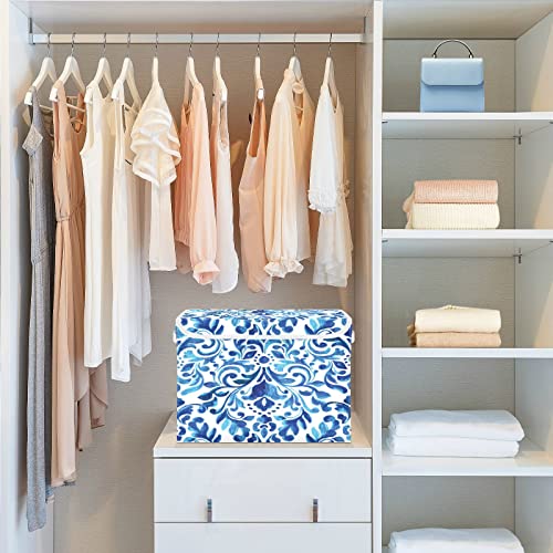 Vnurnrn Collapsible Storage Bins with Lids, Hand Drawn Blue Floral Foldable Storage Boxes, Storage Box Cube with Lid for Clothes,Bedroom,Toys,16.5x12.6x11.8 Inch